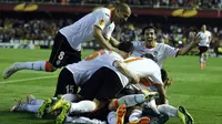 Selebrasi kemenangan yang dilakukan para pemain Valencia (AFP/Jose Jordan)