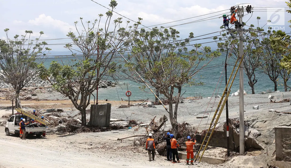 Petugas PLN memperbaiki jaringan listrik di Palu, Sulawesi Tengah, Sabtu (6/10). Sekitar 40 persen kondisi listrik di Kota Palu, Sulawesi Tengah (Sulteng), telah pulih. (Liputan6.com/Fery Pradolo)
