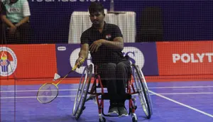 Salah satu atlet India yang mengikuti turnamen FOX'S Indonesia Para Badminton Internasion 2023 di GOR Sritex Arena, Solo, Selasa (5/9).(Liputan6.com/Fajar Abrori)