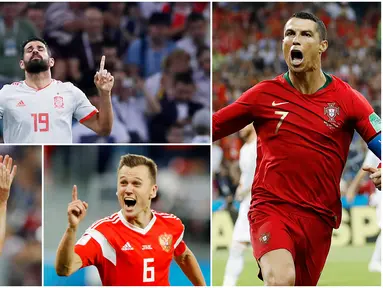 Berikut ini para pencetak gol terbanyak sementara pada ajang Piala Dunia 2018 di Rusia. Cristiano Ronaldo dan Denis Cheryshev berada di posisi teratas dengan koleksi tiga gol. (Foto-foto Kolase dari AP)