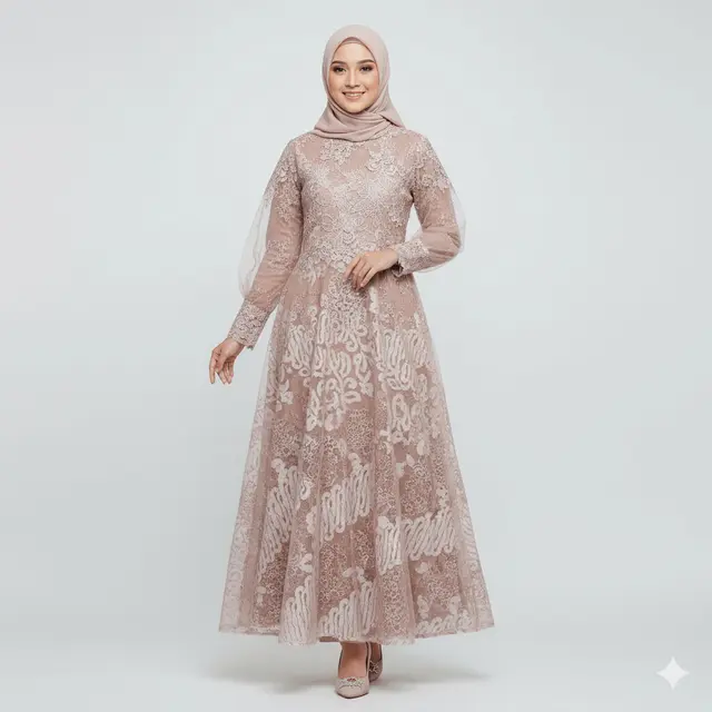 Gamis Batik Kombinasi Tule Brokat Warna Soft untuk Acara Akad. Gemini