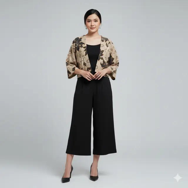 Inspirasi Setelan Batik Kerja Wanita dengan Outer Polos Model Crop Terbaru 2025. Gemini