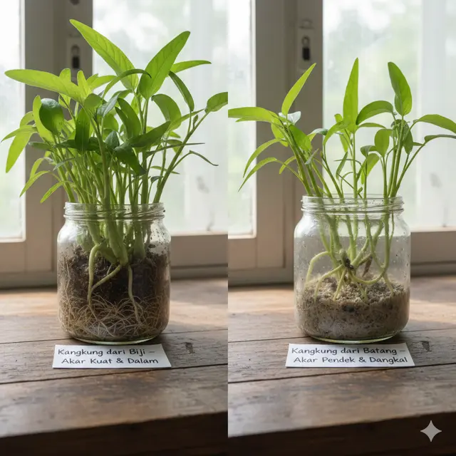 Kangkung yang Ditanam dari Biji (kiri) dan Batang (kanan) (Foto: Gemini)