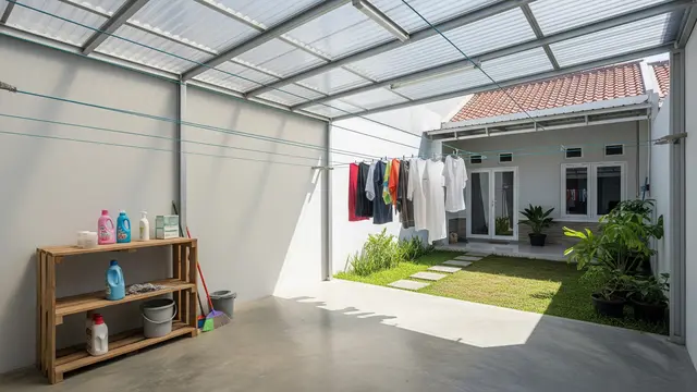 Contoh Gambar Jemuran Belakang Rumah Type 36 dengan Atap Transparan yang Adem