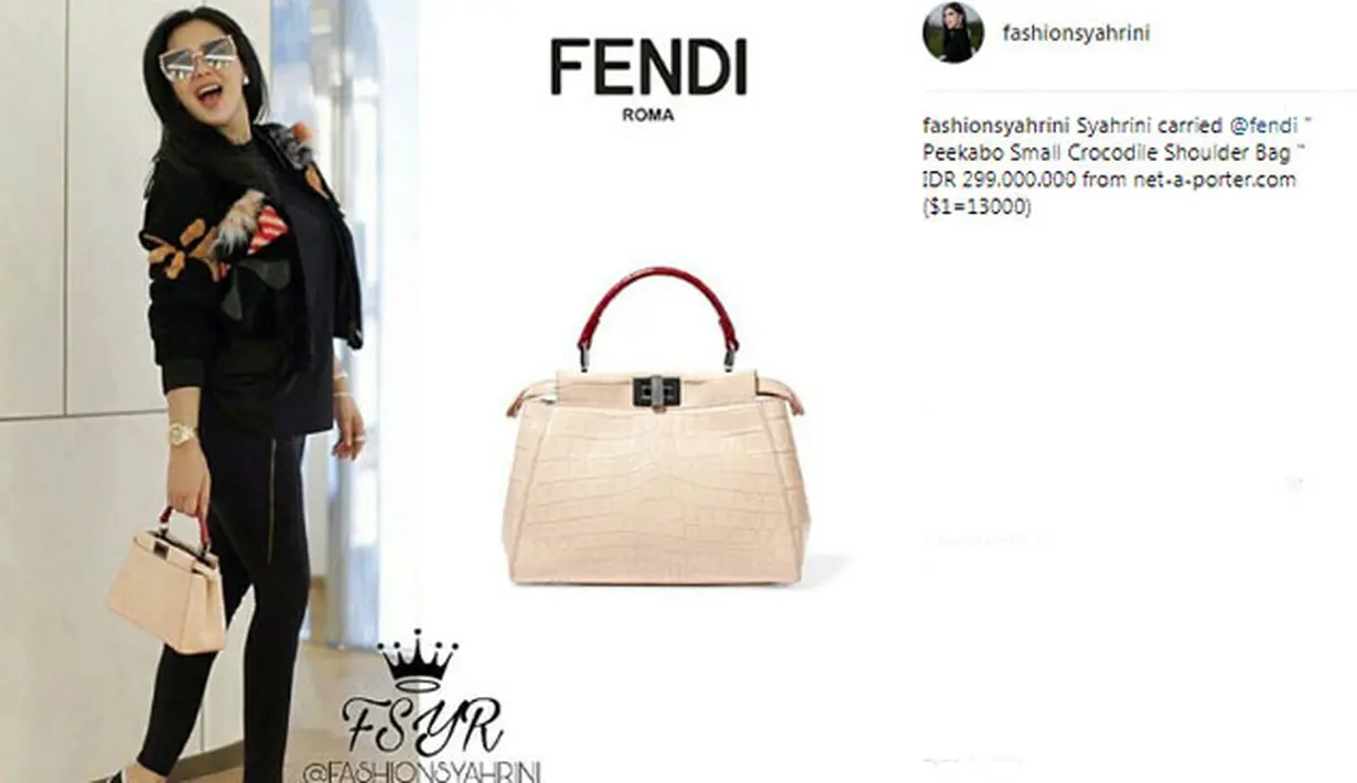 Pada sebuah kesempatan, Syahrini tampak mengenakan tas merek Fendi. Tas yang bentuknya imut ini berharga Rp 299.000.000. (Foto: instagram.com/fashionsyahrini)