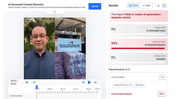Video klaim Anies Baswedan menyampaikan bantuan modal usaha menunjukkan hasil AI. (Foto: tangkapan layar Hive Moderation)