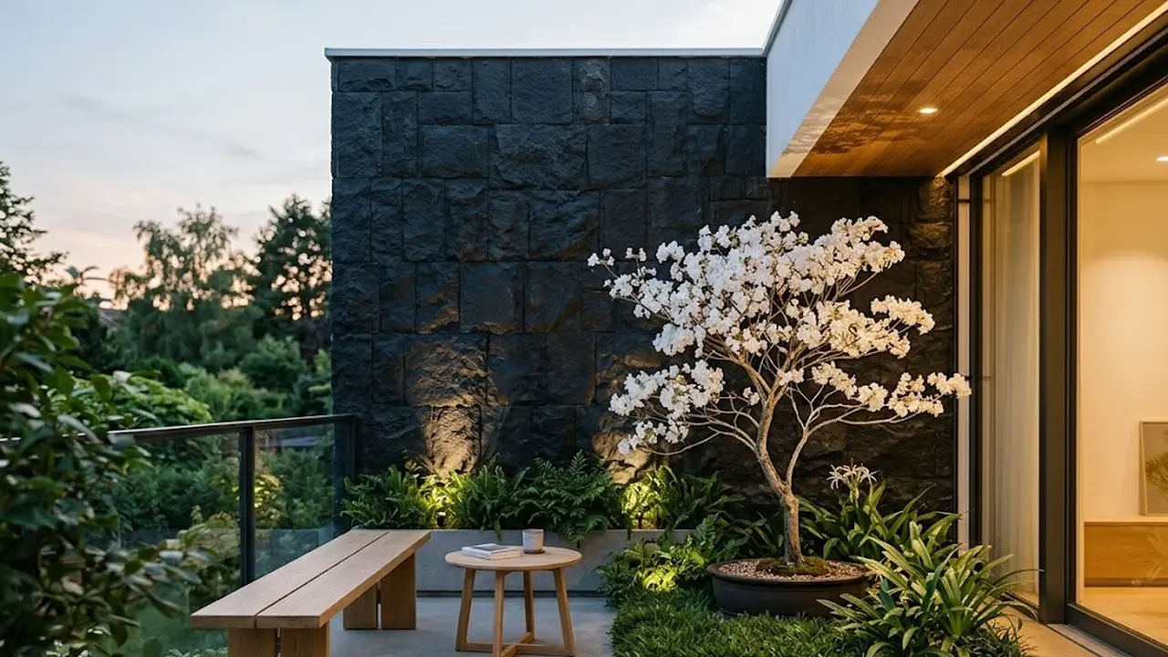 Ide Teras Rumah dengan Tabebuya Mini dan Batu Alam