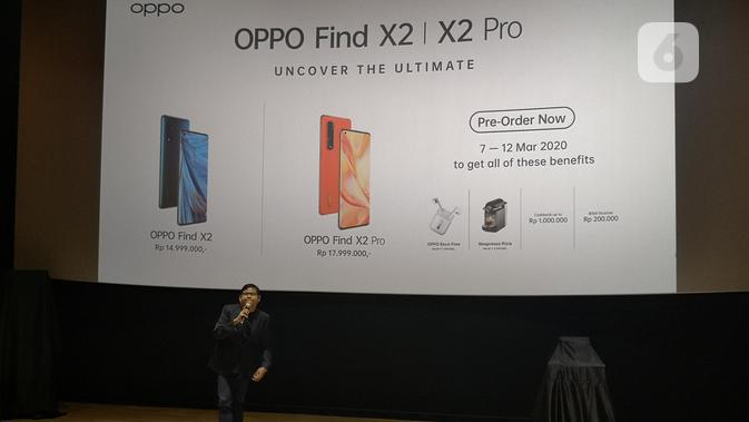 PR Manager Oppo Indonesia Aryo Meidianto saat peluncuran Oppo Find X2 Pro dan Find X2 di Jakarta. (Liputan6.com/ Agustinus Mario Damar)