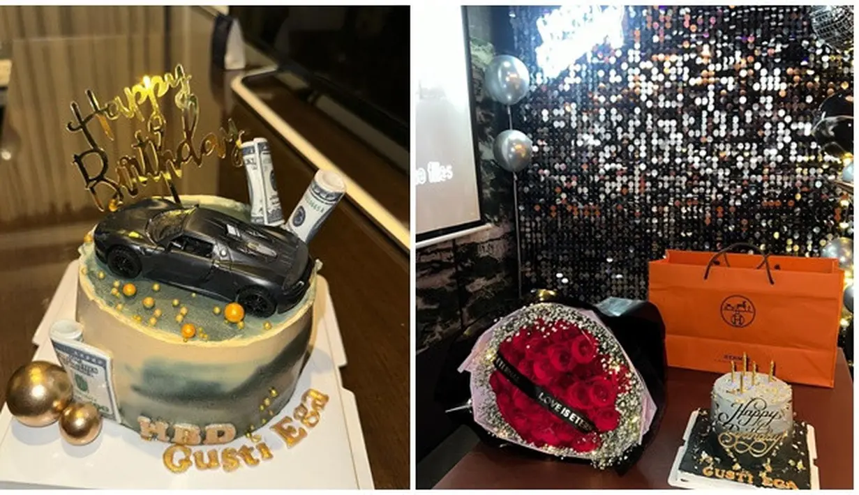 Begini potret kue ulang tahun, buket bunga, dan hadiah yang diberikan Elina Joerg untuk Gusti Ega. Elina memberikan kado merek Hermes untuk kekasih tercintanya. Diketahui Gusti Ega adalah seorang pengusaha muda, di kue ulang tahunnya terdapat desain mobil dan uang dolar. Desain tersebut tentunya sangat menggambarkan kekasih bintang sinetron Mermaid in Love ini. (Liputan6.com/IG/@elinaaaaajoerg)