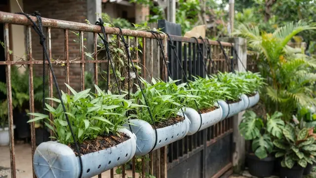 Ide Galon Bekas Jadi Pot Kangkung Gantung di Pagar Rumah