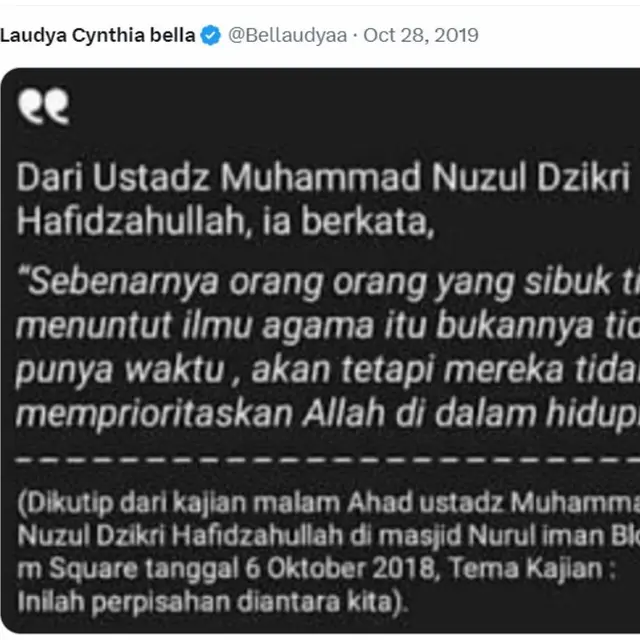 Ramai Diberitakan Dinikahi Ustaz Nuzul Dzikri, Laudya Cynthia Bella Pernah Bagikan Unggahan Ceramah Sang Ustaz