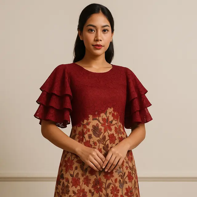 10 Model Long Dress Batik Kombinasi Brokat Lengan Cape Layer Tiga Lapis, Simpel dan Elegan untuk Acara Resmi