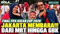 Antusiasme suporter Timnas Indonesia membara jelang final FIFA ASEAN Cup 2026 melawan Thailand di Stadion Utama Gelora Bung Karno, Jakarta, Senin (5/10/2026). Para pendukung Garuda berdatangan dari berbagai titik transportasi publik, termasuk MRT, me...