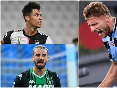 Ciro Immobile berhasil mencetak hattrick saat Lazio melawan Verona. Torehan tiga gol Immobile membuatnya melesat tinggalkan Cristiano Ronaldo di perebutan top skor Serie A musim ini. Berikut top skor Serie A Italia 2019-2020 hingga pekan ke-36. (kolase foto AFP/AP)