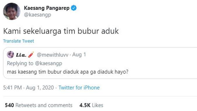 Kaesang Pangarep Ungkap Jokowi Tim Bubur Diaduk atau Tidak. (dok.Twitter @kaesangp/https://twitter.com/kaesangp/status/1289511635900481536/Henry)