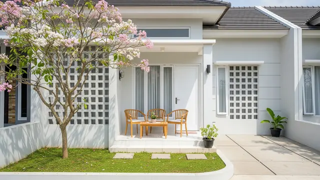 Desain Rumah Modern Terang dengan Teras Mini, Tabebuya dan Roster Estetik