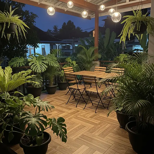 Teras Belakang Rumah Ala Cafe Tropis dengan Pencahayaan Gantung 2025