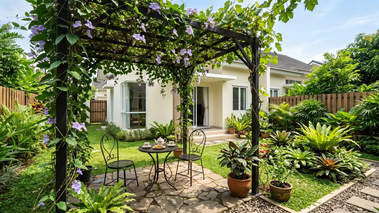 Ide Halaman Belakang dengan Pergola dan Taman Mini