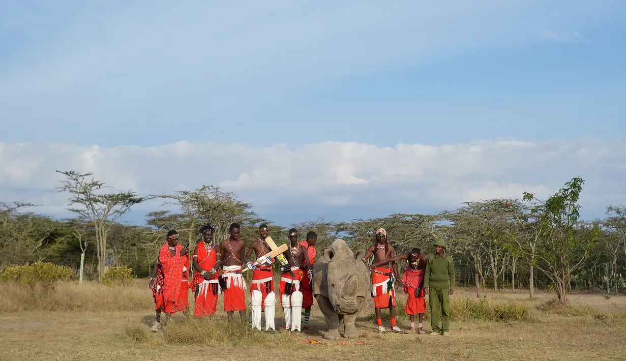 Suku Maasai foto bersama dengan seekor badak putih setelah pertandingan amal kriket di kaki Gunung Kenya (18/6). Mereka juga berusaha menggalang dana untuk penelitian yang berguna untuk menyelamatkan spesies badak putih. (AFP Phoo/Tony Karumba)