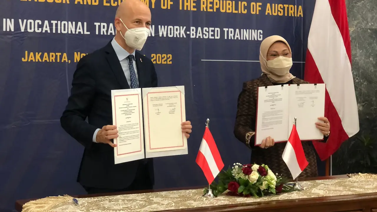 Kementerian Ketenagakerjaan RI bersama Kementerian Federal Tenaga Kerja dan Ekonomi Republik Austria, menandatangani kerja sama pelatihan vokasi pada pelatihan berbasis kerja.