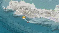 Gempa M5,5 mengguncang wilayah selatan Garut-Tasikmalaya, atau tepatnya berada di laut pada jarak 94 kilometer barat daya Kabupaten Pangandaran. (Liputan6.com/ Dok BMKG)