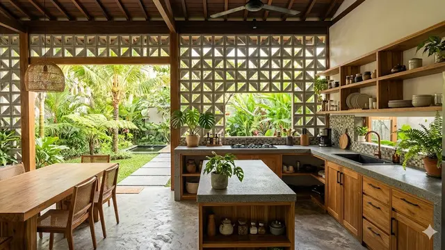 Desain Dapur Bergaya Tropis Modern Kombinasi Roster dan Batu Alam