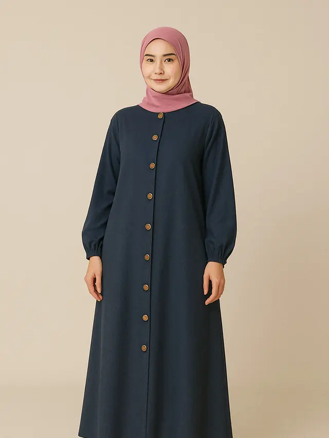 Gamis Polos dengan Aksen Kancing Depan (image by gpt)