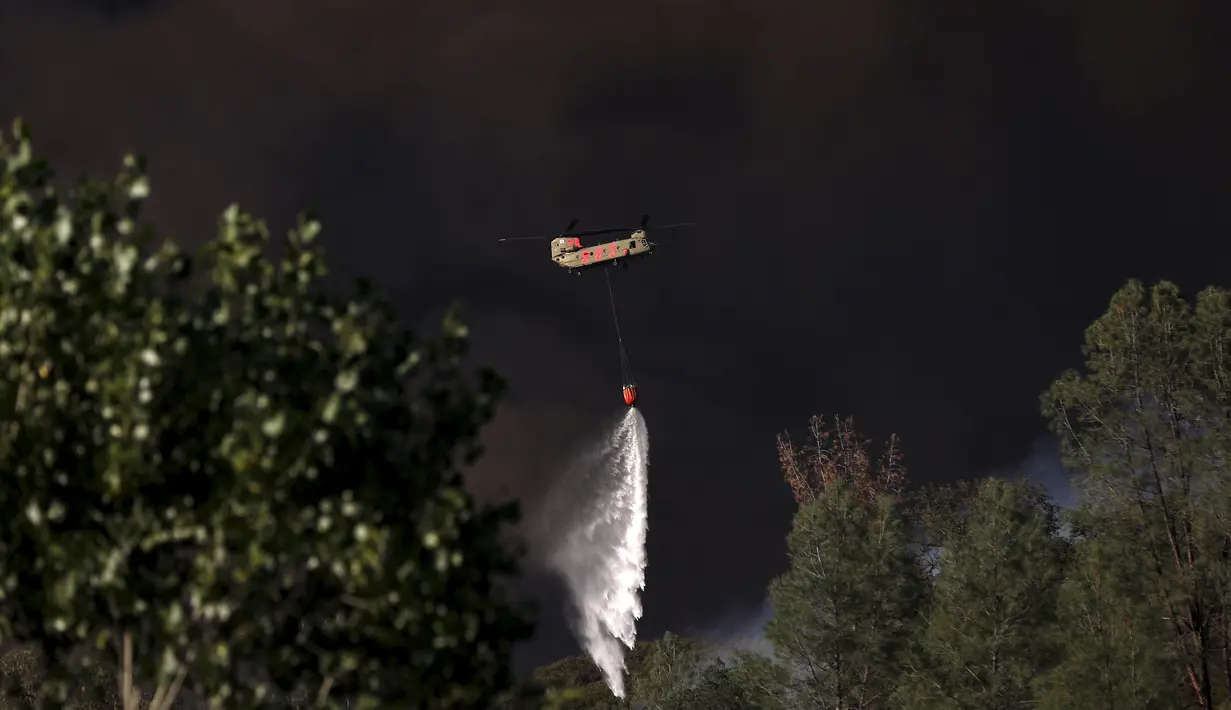 Pesawat penurun air dikerahkan untuk memadamkan api yang membakar hutan di kawasan California, AS, Senin (3/8/2015). Sedikitnya 9.000 petugas damkar dikerahkan untuk mengatasi kebakaran hutan di Negara Bagian California, AS. (Reuters/ Stephen Lam) 