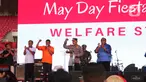 Kapolri Jenderal Pol Listyo Sigit Prabowo saat menyapa para buruh dalam perayaan puncak Hari Buruh Indonesia bertajuk May Day Fiesta di Stadion Utama Gelora Bung Karno (GBK) Senayan, Jakarta, Sabtu (14/5/2022). Pada kesempatan itu, Kapolri juga mengucapkan selamat ulang tahun bagi seluruh buruh di Tanah Air, bertepatan dengan Hari Buruh Internasional pada 1 Mei 2022. (Liputan6.com/Angga Yuniar)