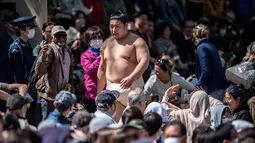 Festival sumo seremonial ini digelar selama bulan April yang sebagai bagian dari tur musim semi sumo. (AFP/Philip Fong)