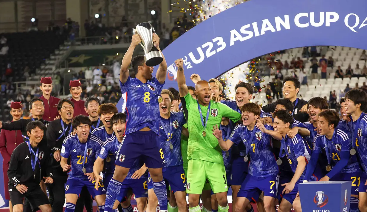 Timnas Jepang menjadi juara Piala Asia U-23 2024 usai menumbangkan perlawanan Uzbekistan dengan skor 1-0. (KARIM JAAFAR/AFP)
