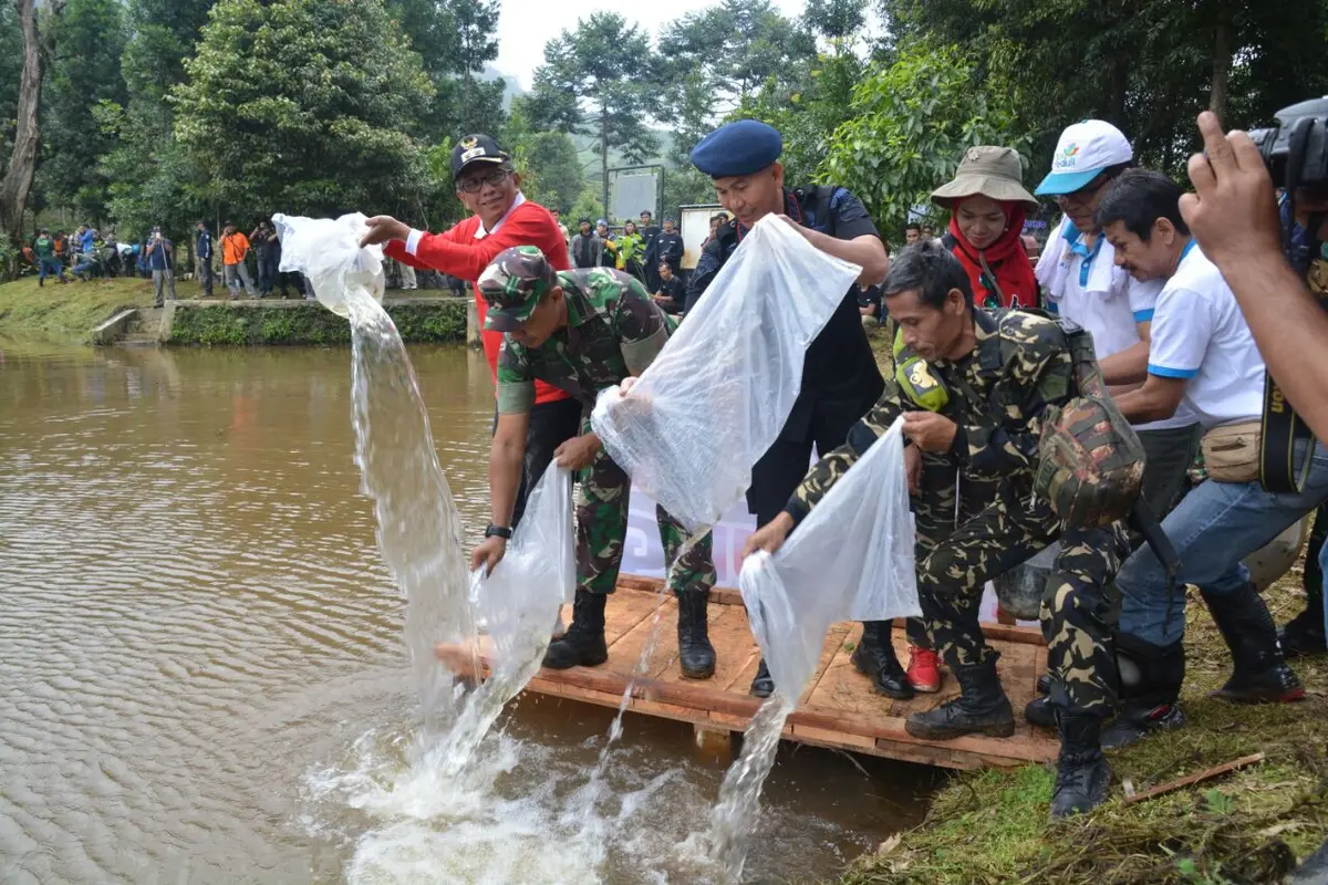 TNI bersama ratusan komunitas pecinta lingkungan dan alam melakukan normalisasi Telaga Saat yang menjadi hulu Sungai Ciliwung. (Liputan6.com/Achmad Sudarno)