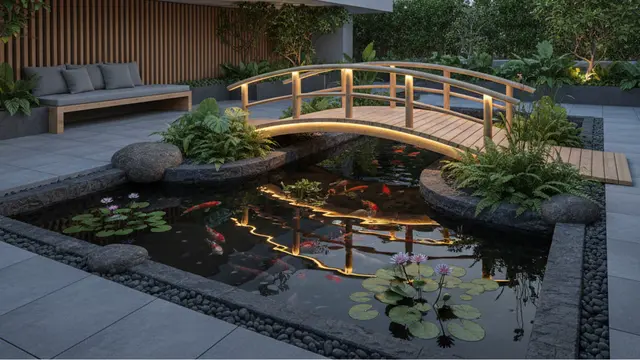 Model Kolam Ikan dengan Jembatan Bambu Mini di Teras Rumah