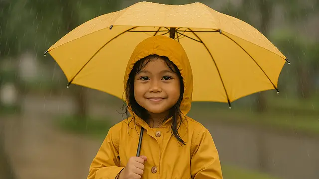 Anak sedang kehujanan memakai payung (Foto: ChatGPT)