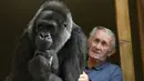 Pierre Thivillon berdiri disamping gorila peliharaannya , Digit, di Lyon, Prancis , 19 Agustus 2016. Pierre dan istrinya, Eliane, telah hidup selama 18 tahun dengan Digit, seekor gorila yang mereka adopsi sejak masih bayi. (Philippe DESMAZES/AFP)