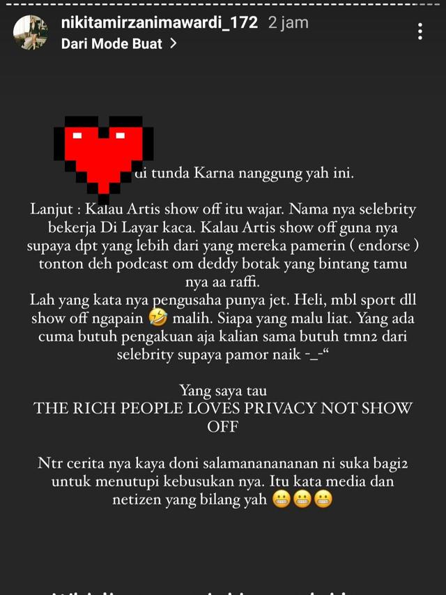 Unggahan Nikita Mirzani. (Foto: Dok. Instagram @nikitamirzanimawardi_172)