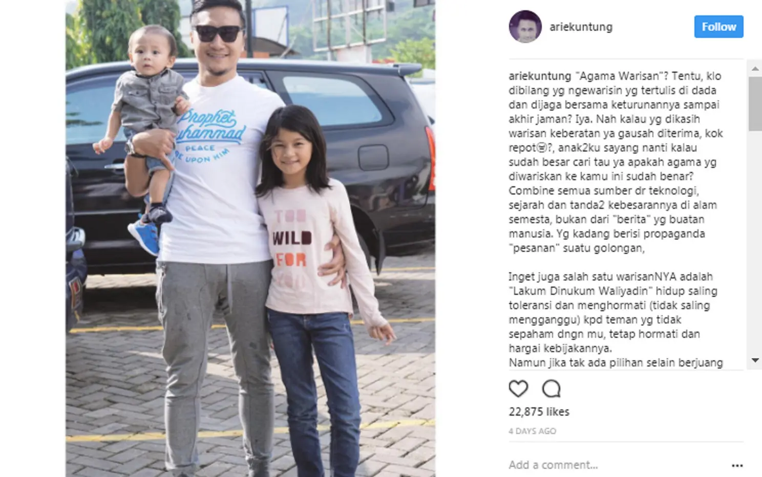 Tulisan Arie Untung tentang Agama Warisan. (Instagram/ariekuntung)
