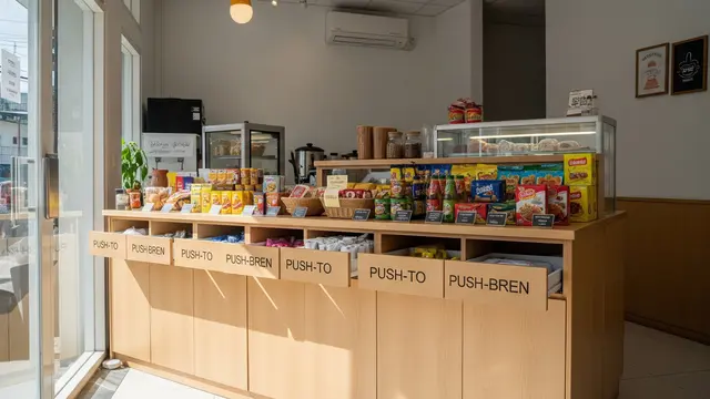 Storage di Bawah Meja Display dengan Mekanisme Push-to-Open
