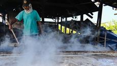 Seorang petani mengolah garam dengan cara tradisional di sebuah tambak di Lamnga, pinggiran Banda Aceh, Aceh, Selasa (7/3/2023). Petani di Aceh masih mengandalkan pola produksi tradisional, yakni sistem rebus. (CHAIDEER MAHYUDDIN/AFP)