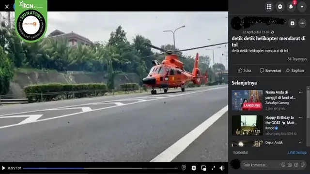 Gambar Tangkapan Layar Video yang Diklaim Helikopter Mendarat Darurat di Jalan Tol (sumber: Facebook).