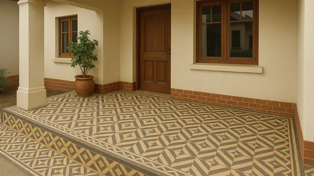 Model Teras Rumah Subsidi Tipe 36 Dengan Lantai Motif Geometris/Ilustrasi AI