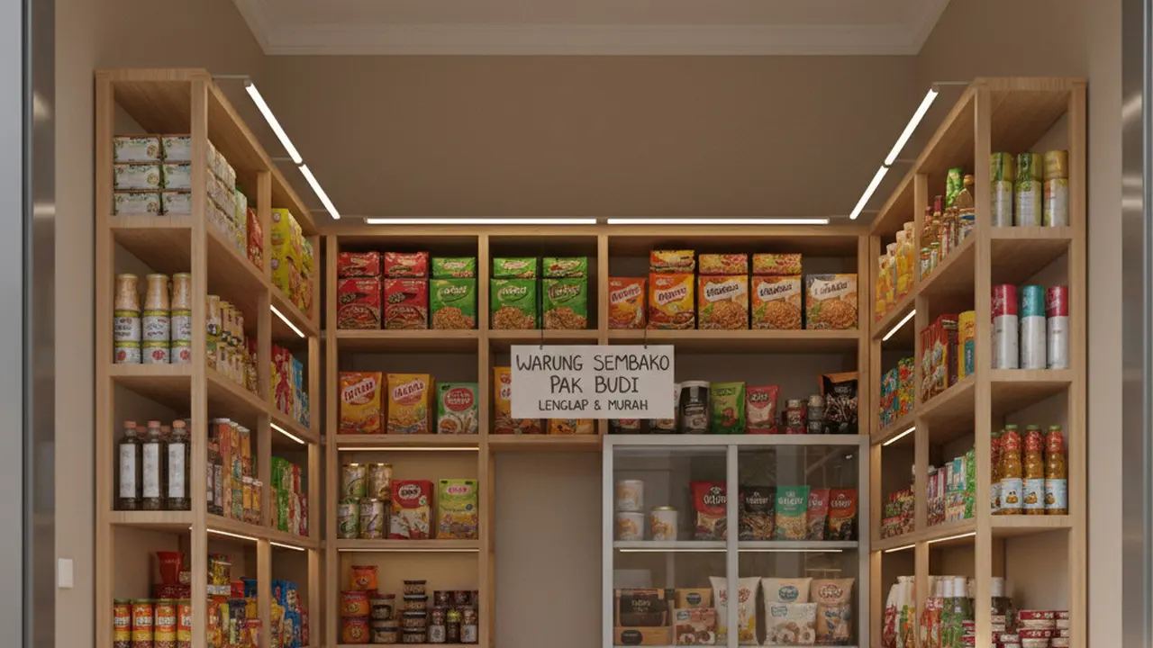 Desain Warung Sembako dengan Etalase Kaca Minimalis (Image byGemini AI)