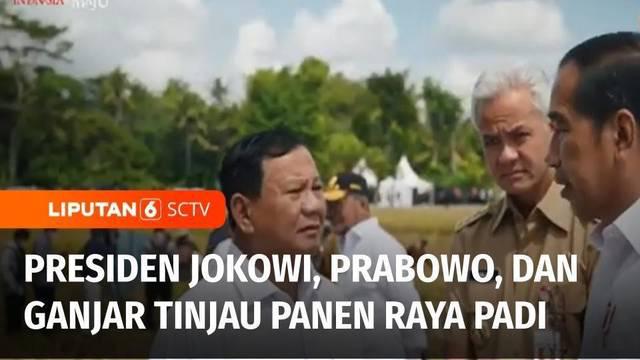 Presiden Joko Widodo meninjau panen raya padi, di Kebumen, Jawa Tengah. Dalam acara ini hadir pula Menhan Prabowo Subianto dan Gubernur Jawa Tengah, Ganjar Pranowo. Ketiganya bahkan sempat foto bareng bersama para petani.