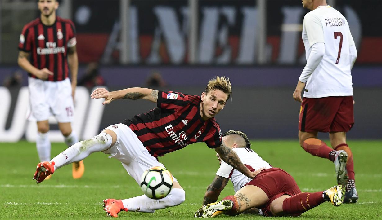 Gelandang AS Roma, Radja Nainggolan, jatuh saat berebut bola dengan gelandang AC Milan, Lucas Biglia, pada laga Serie A Italia di Stadion San Siro, Milan, Minggu (1/10/2017). Milan kalah 0-2 dari Roma. (AFP/Miguel Medina)