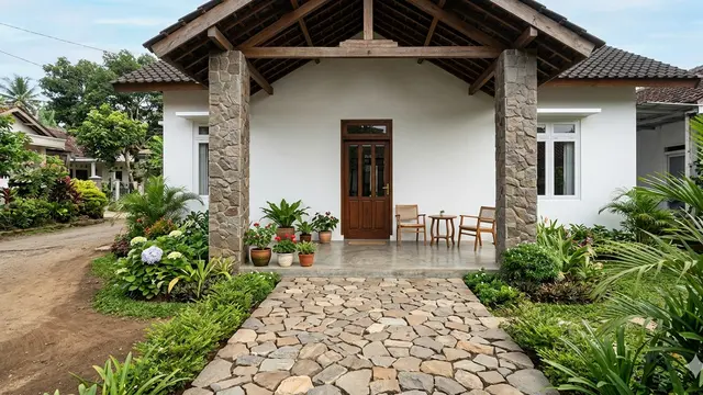 Inspirasi Teras Rumah Desa dengan Batu Alam yang Awet Bertahun-tahun. Gemini