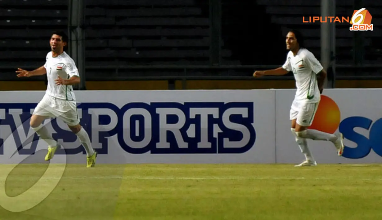 Hammadi Ahmed Abdullah (Irak - 7) melakukan selebrasi usai mencetak gol ke gawang Indonesia dalam laga kualifikasi Piala Asia 2015 (Liputan6.com/Helmi Fithriansyah)
