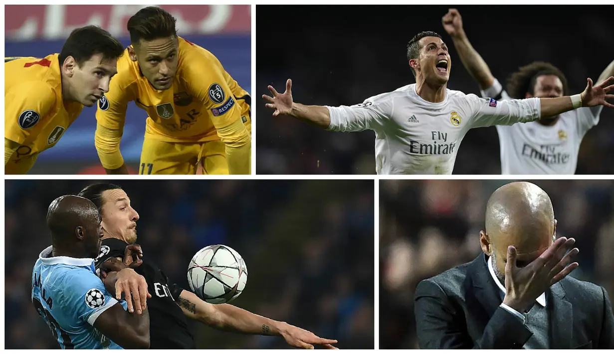 10 foto terbaik babak perempat final Liga Champions diwarnai oleh selebrasi bintang Real Madrid, Cristiano Ronaldo, dan ekspresi kekecewaan pemain Barcelona, Lionel Messi dan Neymar. (AFP-Reuters)