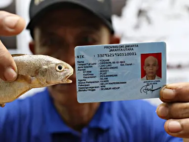 Nelayan menunjukkan bukti ikan dan KTP di Lembaga Bantuan Hukum (LBH) Jakarta, Selasa (19/4). Hal itu dilakukan setelah mereka diragukan Gubernur DKI Jakarta Basuki Tjahaja Purnama "Ahok" ikut dalam penyegelan Pulau G. (Liputan6.com/Immanuel Antonius)