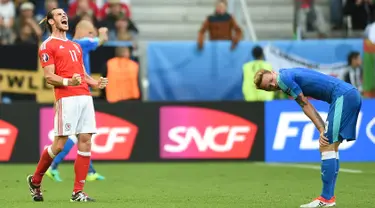 Hasil Euro 2016 antara Wales vs Slovakia di Stade de Bordeaux, Prancis berlangsung dengan luar biasa dan diakhiri dengan kemenangan 2-1 untuk Wales (11/6/2016). (AFP Photo/Nicolas Tucat)