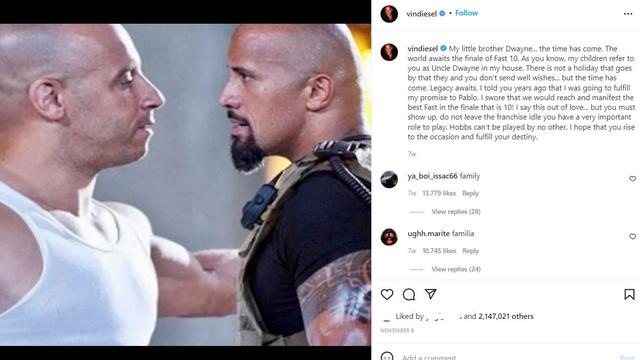 Unggahan Vin Diesel. (Instagram/ vindiesel)